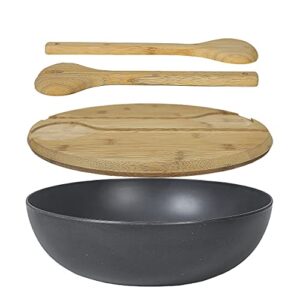 Webbylee Large Salad Serving Bowls with Tongs, Mixing Bowl with Servers with Nature Bamboo Lid Spoon and Fork for Salads, Fruits and Vegetables, Dishwasher Safe, BPA free (Dark grey)