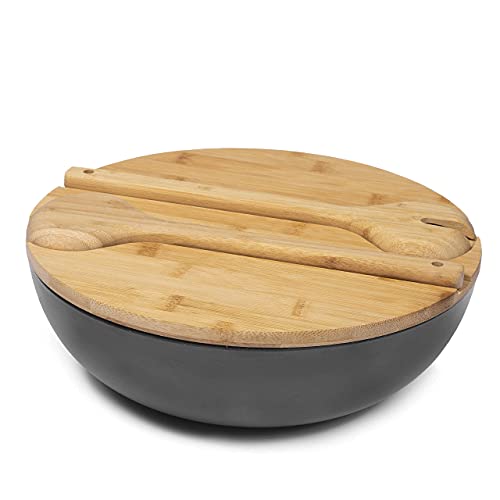 Webbylee Large Salad Serving Bowls with Tongs, Mixing Bowl with Servers with Nature Bamboo Lid Spoon and Fork for Salads, Fruits and Vegetables, Dishwasher Safe, BPA free (Dark grey)