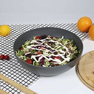 Webbylee Large Salad Serving Bowls with Tongs, Mixing Bowl with Servers with Nature Bamboo Lid Spoon and Fork for Salads, Fruits and Vegetables, Dishwasher Safe, BPA free (Dark grey)