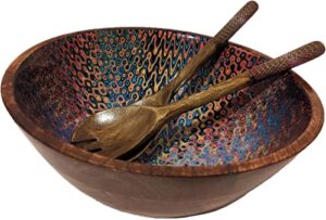 decorative wooden bowl with server spoons - mango wood enamel serving bowls for mixing fruit salad pasta popcorn cereal soup 12" diameter - large centerpiece dish