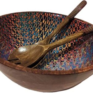 Decorative Wooden Bowl with Server Spoons - Mango Wood Enamel Serving Bowls for Mixing Fruit Salad Pasta Popcorn Cereal Soup 12" Diameter - Large Centerpiece Dish