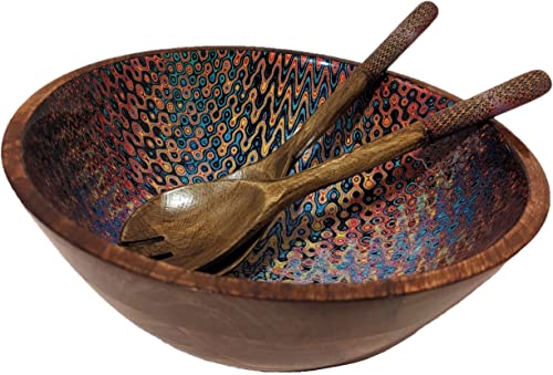 Decorative Wooden Bowl with Server Spoons - Mango Wood Enamel Serving Bowls for Mixing Fruit Salad Pasta Popcorn Cereal Soup 12" Diameter - Large Centerpiece Dish