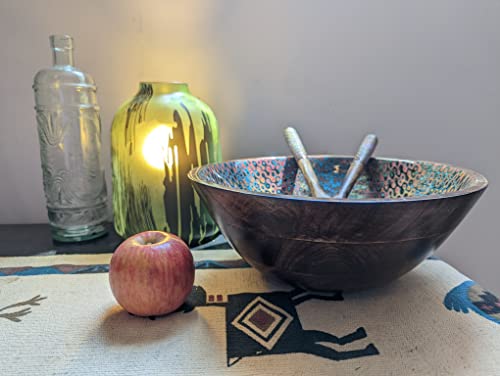 Decorative Wooden Bowl with Server Spoons - Mango Wood Enamel Serving Bowls for Mixing Fruit Salad Pasta Popcorn Cereal Soup 12" Diameter - Large Centerpiece Dish