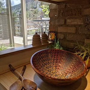 Decorative Wooden Bowl with Server Spoons - Mango Wood Enamel Serving Bowls for Mixing Fruit Salad Pasta Popcorn Cereal Soup 12" Diameter - Large Centerpiece Dish