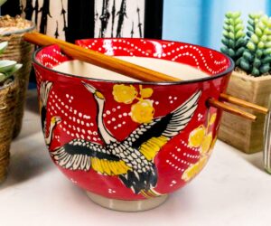 ebros gift red sky flying crane ramen udong noodles 5" diameter bowl with built in chopsticks rest and bamboo chopstick set for dining soup rice meal cereal bowls decor kitchen asian fusion