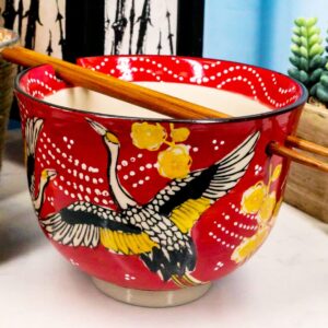 Ebros Gift Red Sky Flying Crane Ramen Udong Noodles 5" Diameter Bowl With Built In Chopsticks Rest and Bamboo Chopstick Set for Dining Soup Rice Meal Cereal Bowls Decor Kitchen Asian Fusion