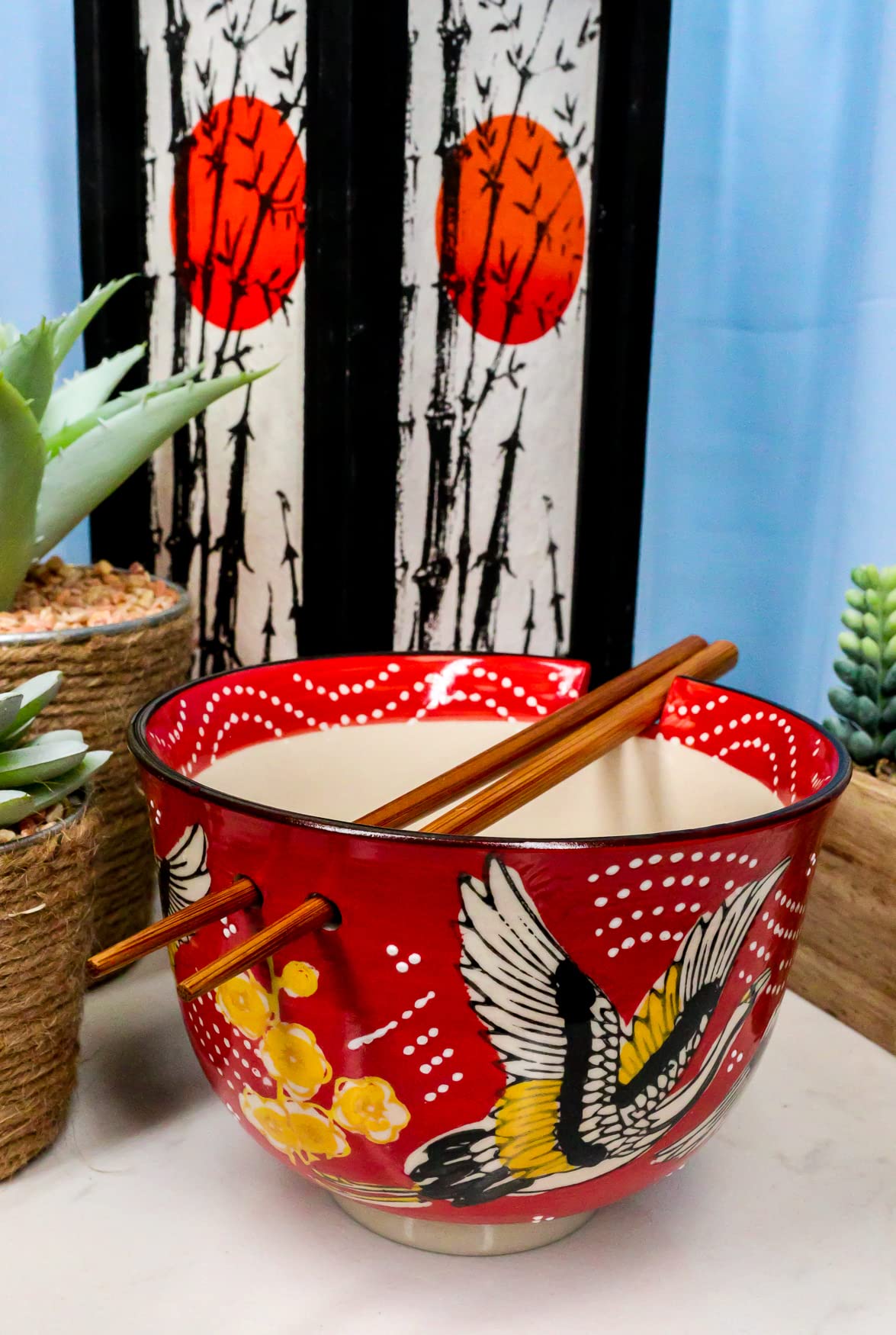 Ebros Gift Red Sky Flying Crane Ramen Udong Noodles 5" Diameter Bowl With Built In Chopsticks Rest and Bamboo Chopstick Set for Dining Soup Rice Meal Cereal Bowls Decor Kitchen Asian Fusion