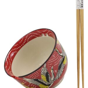 Ebros Gift Red Sky Flying Crane Ramen Udong Noodles 5" Diameter Bowl With Built In Chopsticks Rest and Bamboo Chopstick Set for Dining Soup Rice Meal Cereal Bowls Decor Kitchen Asian Fusion