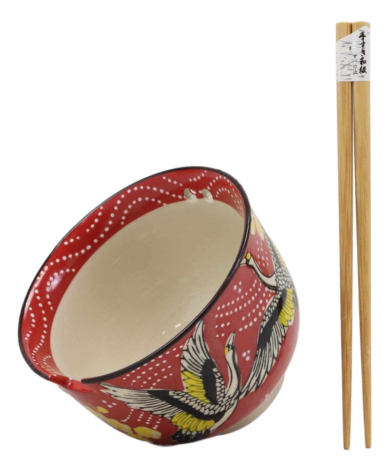 Ebros Gift Red Sky Flying Crane Ramen Udong Noodles 5" Diameter Bowl With Built In Chopsticks Rest and Bamboo Chopstick Set for Dining Soup Rice Meal Cereal Bowls Decor Kitchen Asian Fusion