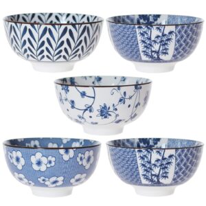 gegong 5 pack ceramic bowls, japanese style rice bowls, 24 ounces thickening blue and white porcelain bowls, cereal bowls for kitchen, suitable for microwave, ovens, dishwashers (mixing)