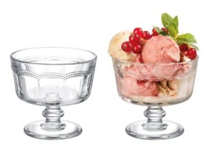 duhaline 4 pack glass dessert bowls, 8 oz ice cream cups set, clear glass bowls for trifle, parfait, sundae, fruit, pudding and snack, lead-free glass dessert serving dishes