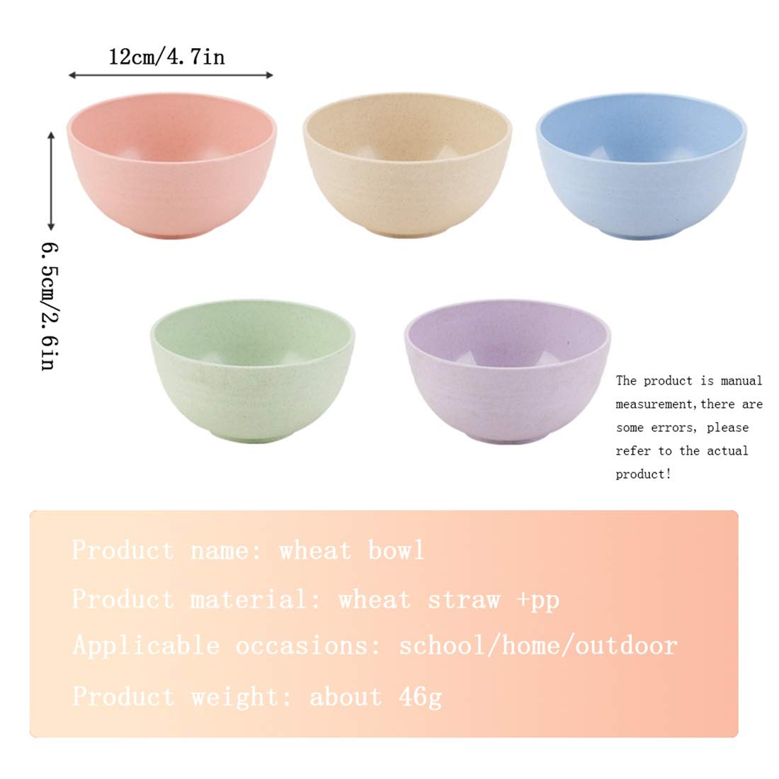 NANAOUS Small Bowls Set of 5, 14 OZ Reusable Wheat Straw Bowl, Kitchen Bowls for Dessert Bowls for Serving Soup, Oatmeal, Pasta and Salad(5 Colors)