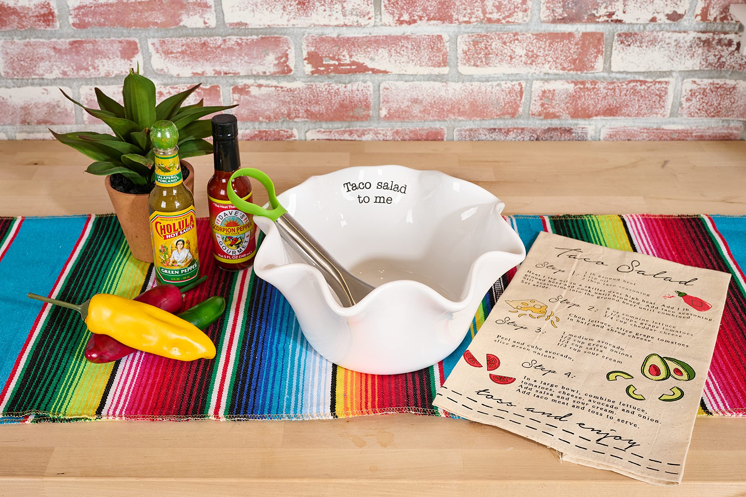 Mud Pie Circa Taco Salad Bowl and Towel Set, White, 5" x 10" dia