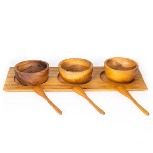 rainforest bowls set of 3 javanese teak wood condiment dipping bowls w/tray & 3 spoons- hot & cold friendly, ultra-durable - exclusive luxury custom design handcrafted by indonesian artisans