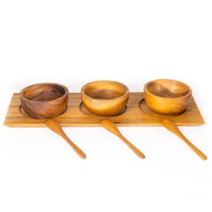 Rainforest Bowls Set of 3 Javanese Teak Wood Condiment Dipping Bowls w/Tray & 3 Spoons- Hot & Cold Friendly, Ultra-Durable - Exclusive Luxury Custom Design Handcrafted by Indonesian Artisans