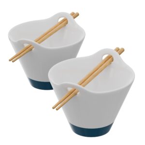 american atelier ramen bowl with chopsticks | miso soup, udon noodle bowls for kitchen | stoneware soup bowl (25 oz) | white & blue with built-in handles/chopstick rest