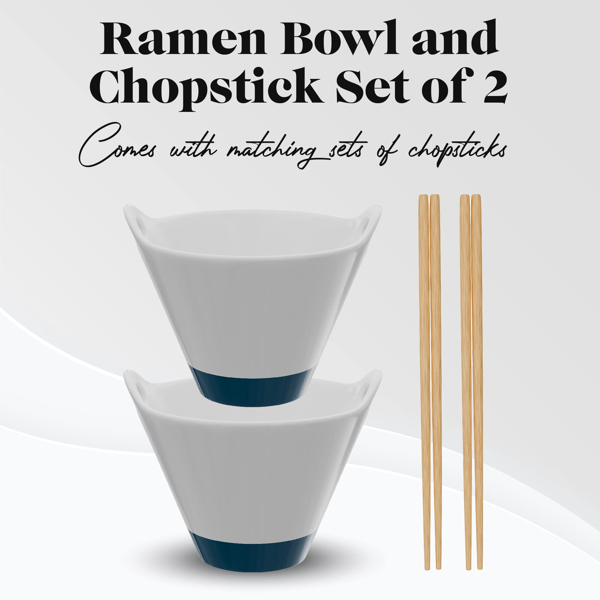 American Atelier Ramen Bowl with Chopsticks | Miso Soup, Udon Noodle Bowls for Kitchen | Stoneware Soup Bowl (25 Oz) | White & Blue with Built-in Handles/Chopstick Rest