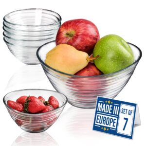 volarium crystalia mixing bowl and small serving bowls set of 7, clear european glass kitchen prep bowls, great for salad, fruits, sauce, dipping, dessert and side dishes, stackable for easy storage
