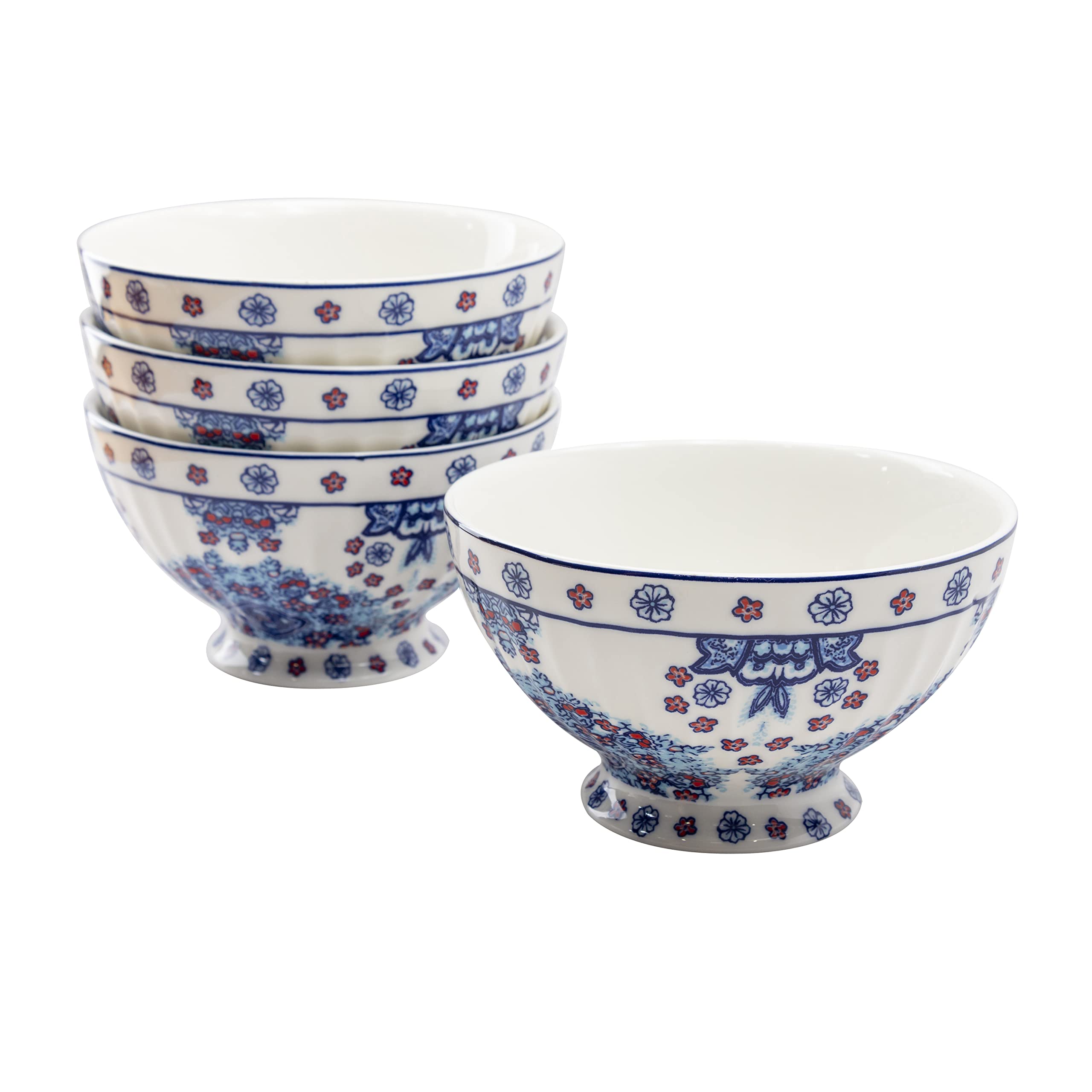 Gracie China Blue Floral Footed Cereal / Dessert Bowl, 6-inch, 16-Ounce (Set of 4)