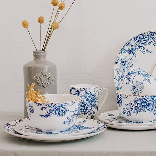 Koken- 4 Bowls Set Fine Bone China with design - Blue & White with Golden Ring - Salad bowls - Soup bowls - Cereal bowls - Mixing Bowls - Kitchen Essentials & Tableware.