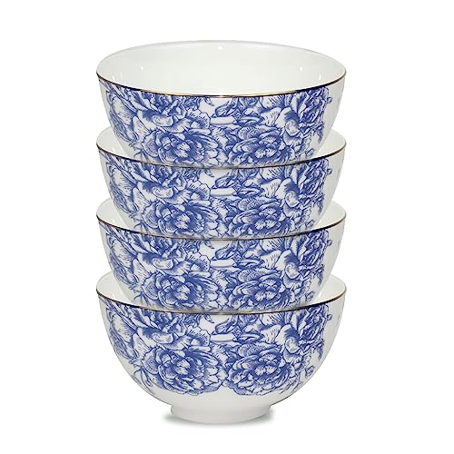 Koken- 4 Bowls Set Fine Bone China with design - Blue & White with Golden Ring - Salad bowls - Soup bowls - Cereal bowls - Mixing Bowls - Kitchen Essentials & Tableware.