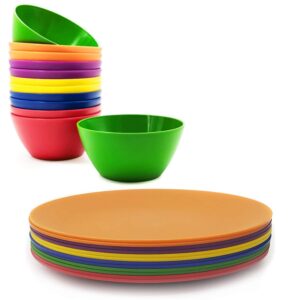 kx-ware unbreakable 24-piece plastic dinnerware set, reusable plates and bowls, basic color