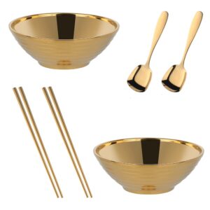 dobuyoo japanese ramen noodle soup bowl sets,2 sets (7.09 inch) gold double layer 18/8 stainless steel bowl sets with chopsticks and spoons