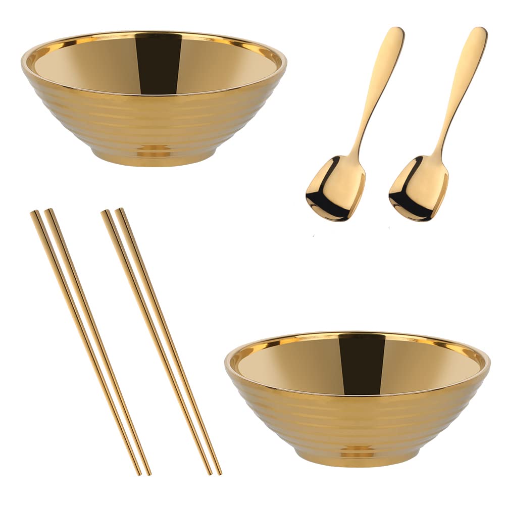 DOBUYOO Japanese Ramen Noodle Soup Bowl Sets,2 Sets (7.09 inch) Gold Double Layer 18/8 Stainless Steel Bowl Sets with Chopsticks and Spoons