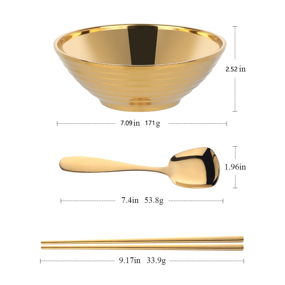 DOBUYOO Japanese Ramen Noodle Soup Bowl Sets,2 Sets (7.09 inch) Gold Double Layer 18/8 Stainless Steel Bowl Sets with Chopsticks and Spoons