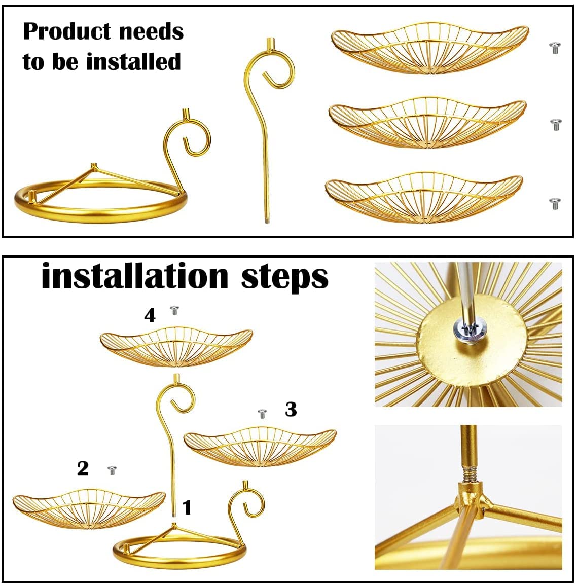 Peifly Gold Fruit Bowl,3-Tier Decorative Fruit Basket Fruit Stand Holder for Kitchen Counter Holder for Vegetables Bread Snack