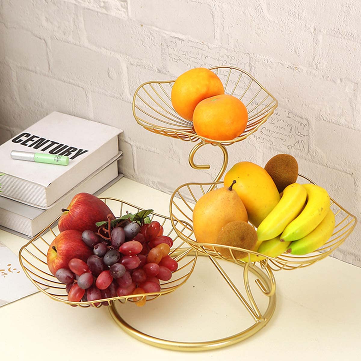 Peifly Gold Fruit Bowl,3-Tier Decorative Fruit Basket Fruit Stand Holder for Kitchen Counter Holder for Vegetables Bread Snack