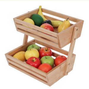 7penn 2 tier fruit basket for kitchen counter - standing countertop bamboo fruit basket for table or pantry - large farmhouse wooden fruit bowl for vegetables - rustic bread holder produce storage