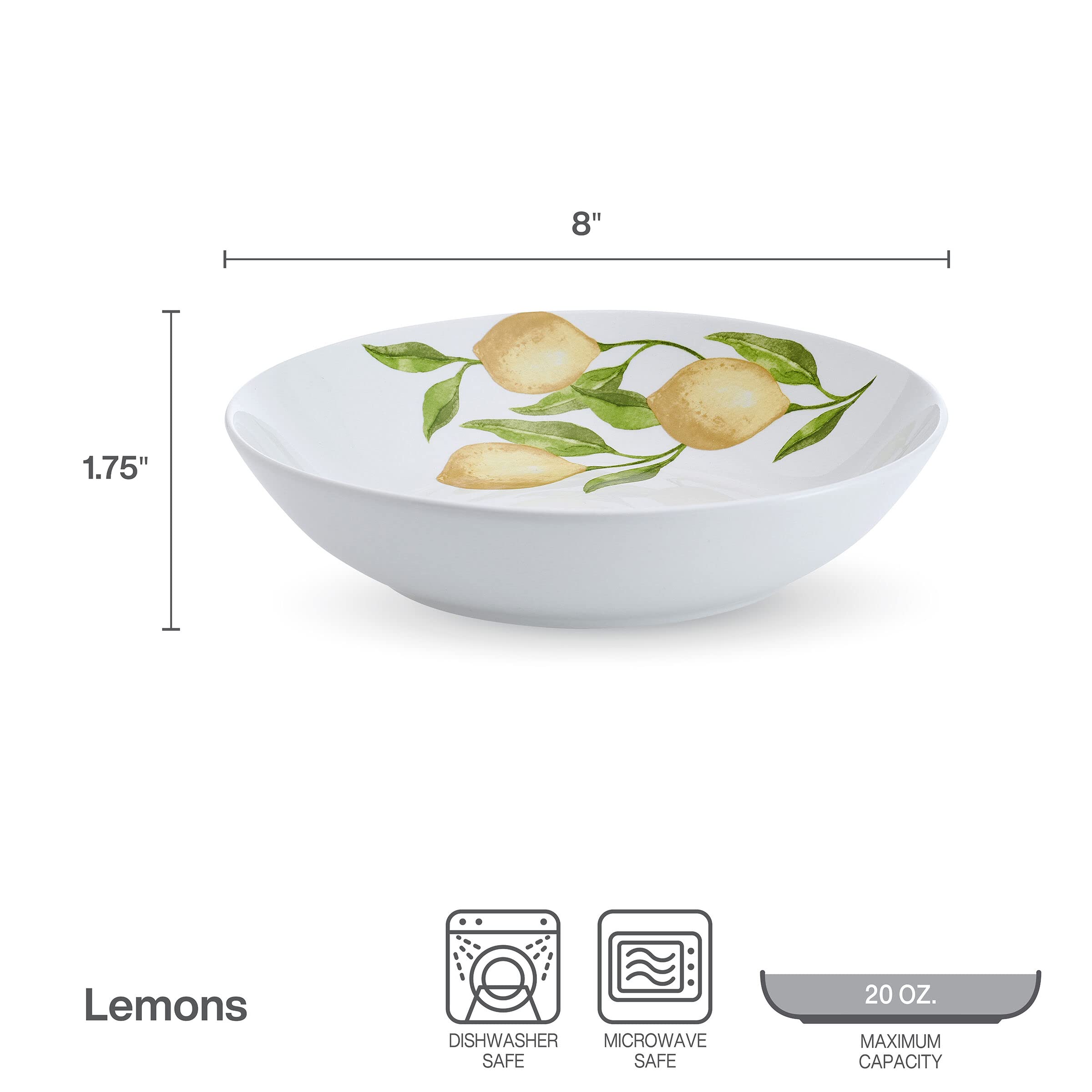 Studio Nova Countryside Lemons Set of 4 Pasta Bowls, 8 Inch, 20 Ounce, White