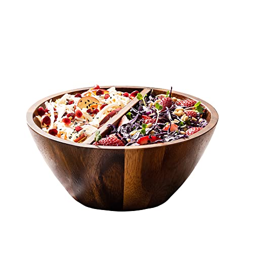 EVERGRO SEQUOIA & CO. Wooden Salad Bowl - Small 9.5” Wood Serving Bowl for Salad, Fruit, or Snack - Acacia divided Wooden Bowls - Wood Salad Bowl for Rustic, Modern Home & Kitchen Counter Décor