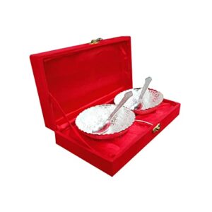 Indian Accent Silver Plated Brass 2 Bowls,2 Spoons Design with Decorative Gifting Box Set Of 4