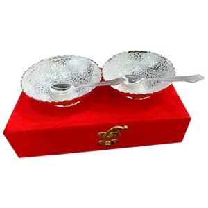 indian accent silver plated brass 2 bowls,2 spoons design with decorative gifting box set of 4