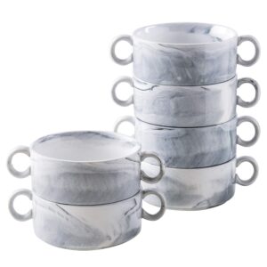 yundu 9 ounce bowls with handles,ceramic bowl for soup, souffle, cereal, stew, chill, ramekins, set of 6, grey marble