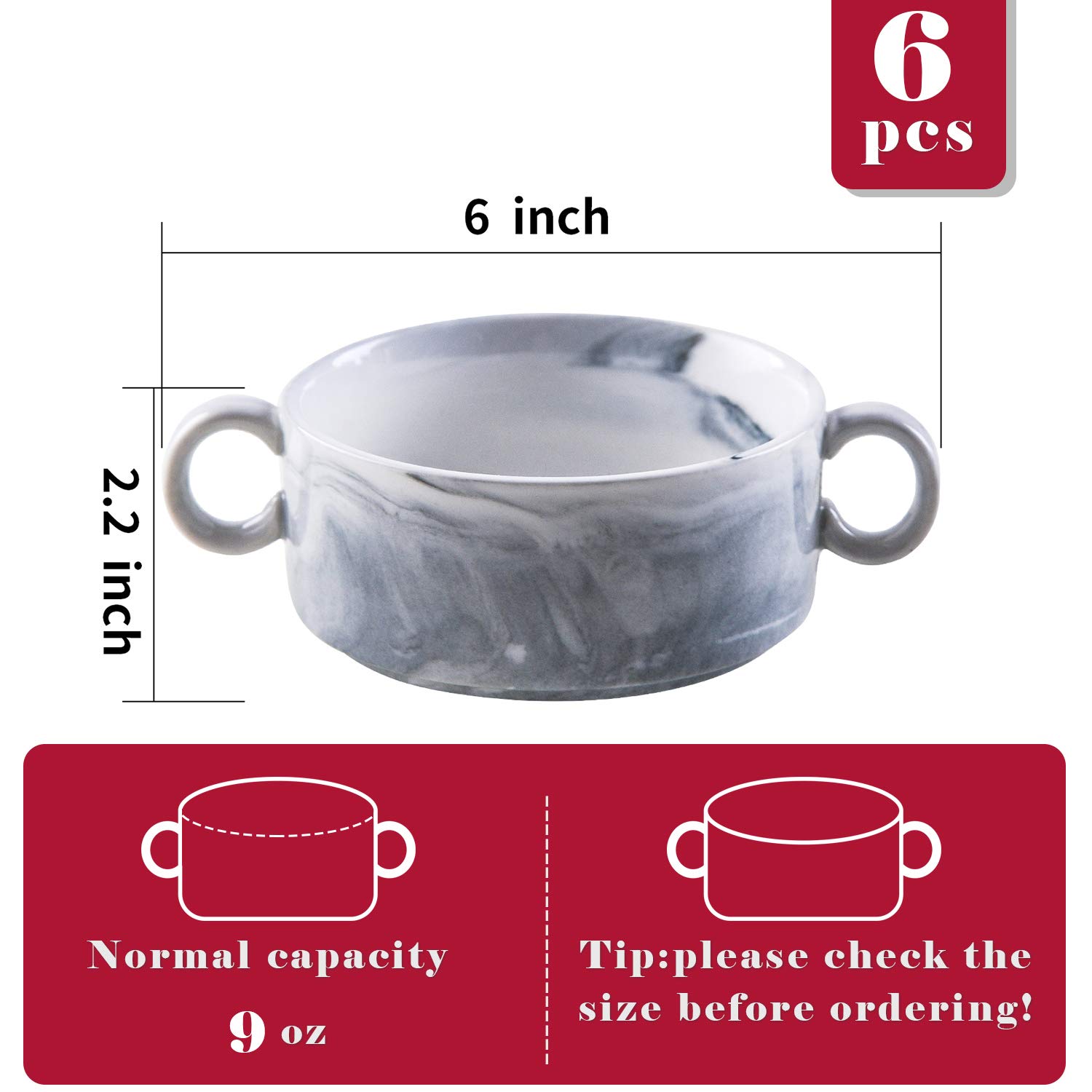 Yundu 9 Ounce Bowls with Handles,Ceramic Bowl for Soup, Souffle, Cereal, Stew, Chill, Ramekins, Set of 6, Grey Marble