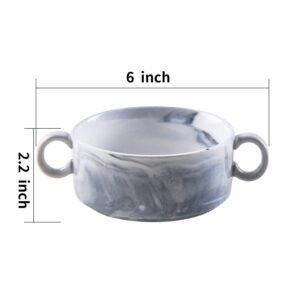 Yundu 9 Ounce Bowls with Handles,Ceramic Bowl for Soup, Souffle, Cereal, Stew, Chill, Ramekins, Set of 6, Grey Marble