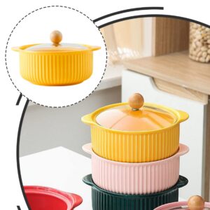 LIFKOME Ceramic Soup Bowl With Handles And Lid Ceramic Serving Bowl Set for Soup Instant Noodles Soup Mug Modern Simple Style Cereal Bowl Table Decoration Yellow