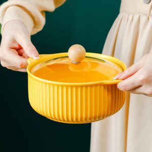 LIFKOME Ceramic Soup Bowl With Handles And Lid Ceramic Serving Bowl Set for Soup Instant Noodles Soup Mug Modern Simple Style Cereal Bowl Table Decoration Yellow