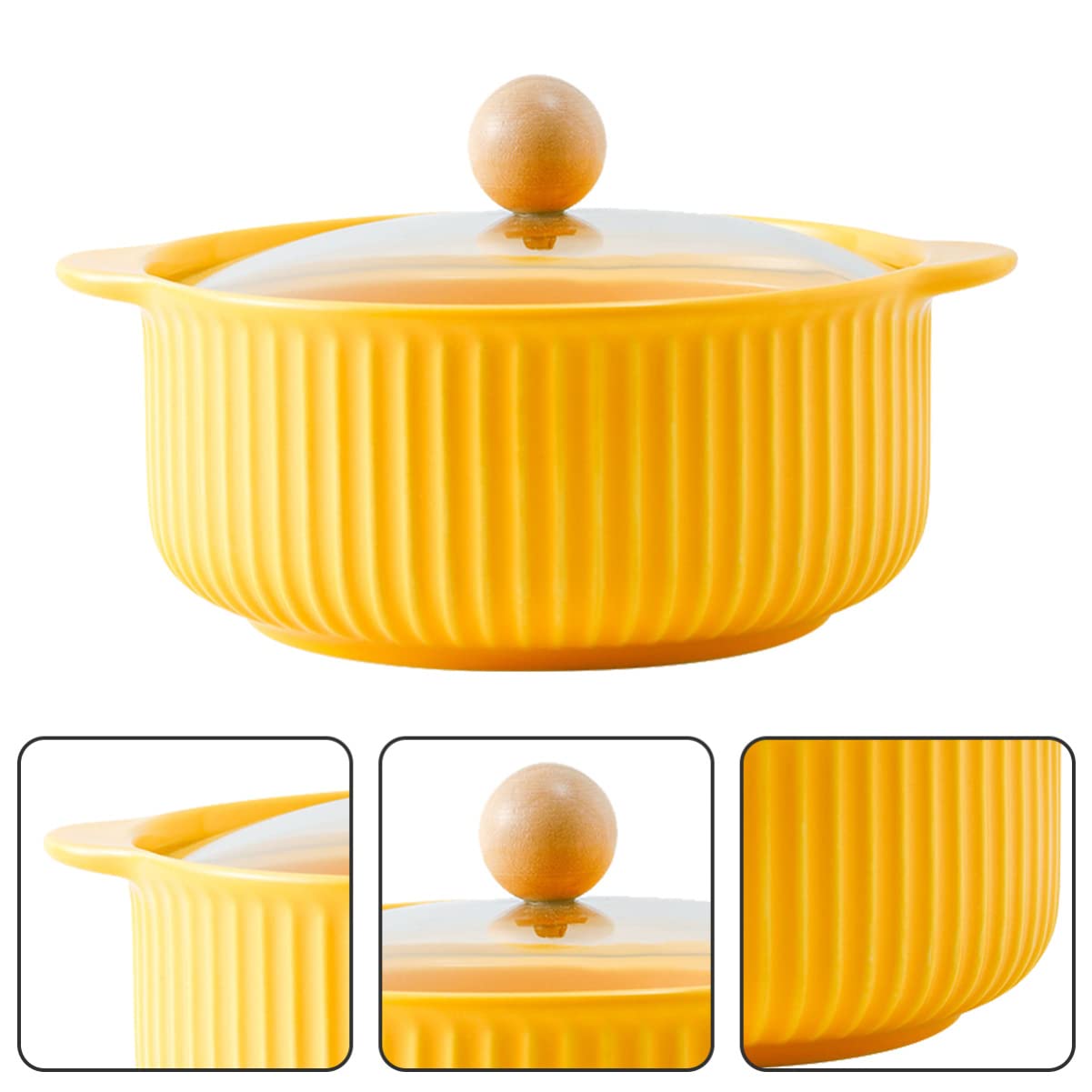 LIFKOME Ceramic Soup Bowl With Handles And Lid Ceramic Serving Bowl Set for Soup Instant Noodles Soup Mug Modern Simple Style Cereal Bowl Table Decoration Yellow