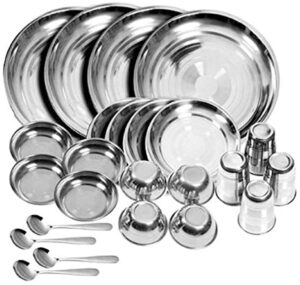 royal sapphire stainless steel dinner set of 24 pieces (glass, curry bowl, desert bowl, spoon, quarter plate and full plate)