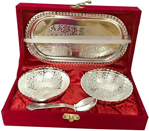 Handmade Designer Silver and Golden Color 1 Tray 2 Round Shaped Bowl Set And 2 Spoon Dry Fruit Bowl Set Diwali Christmas Festival Gifts