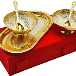 Handmade Designer Silver and Golden Color 1 Tray 2 Round Shaped Bowl Set And 2 Spoon Dry Fruit Bowl Set Diwali Christmas Festival Gifts