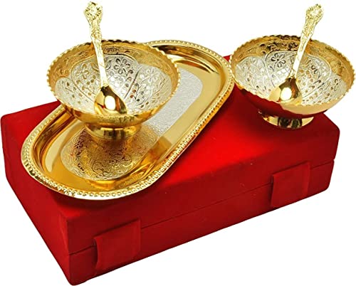 Handmade Designer Silver and Golden Color 1 Tray 2 Round Shaped Bowl Set And 2 Spoon Dry Fruit Bowl Set Diwali Christmas Festival Gifts