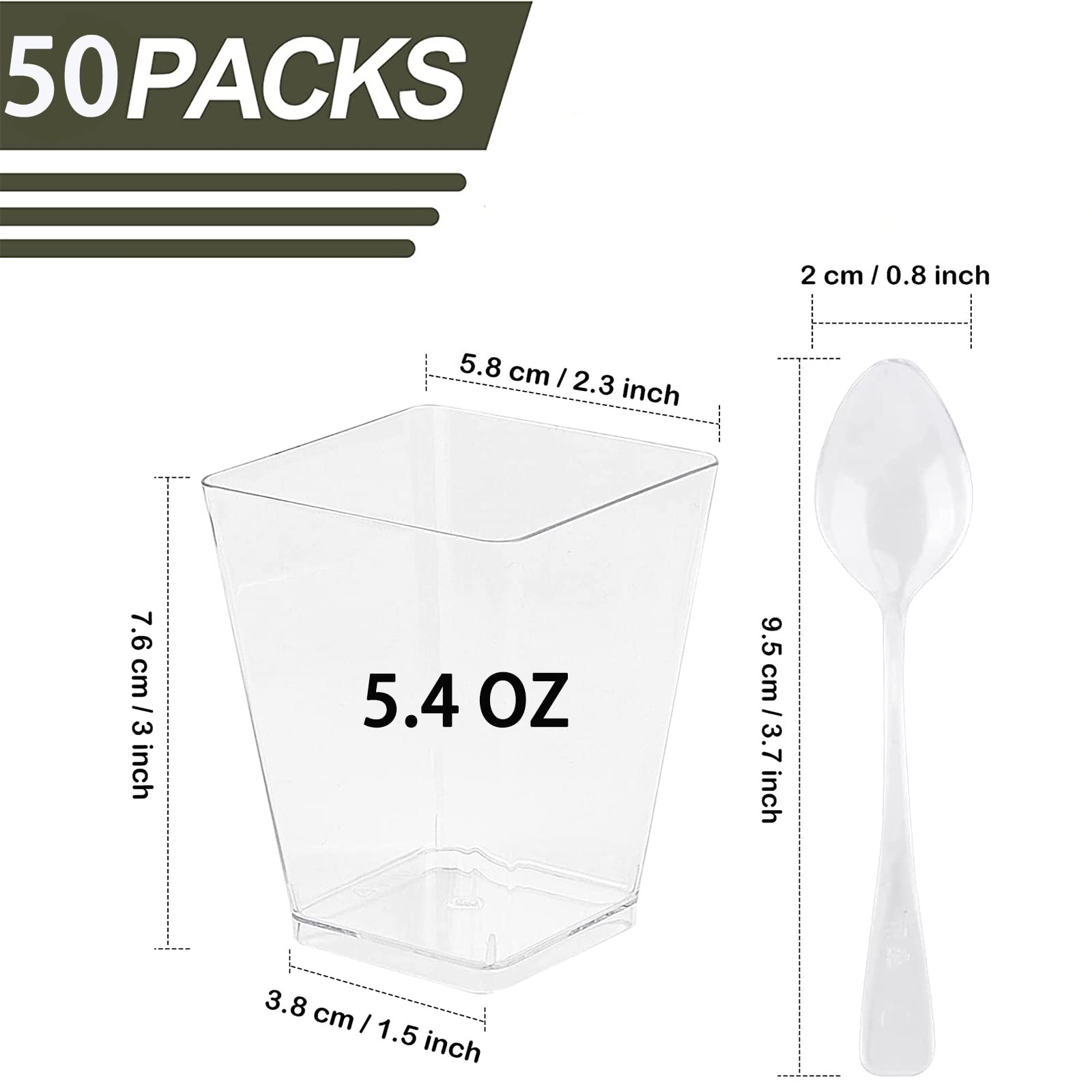 WAIZHIUA 50Pcs Plastic Dessert Cups, 5.4OZ Mini Square Dessert Cups Clear Parfait Appetizer Cup Reusable Multiuse for Desserts Pudding Mousse Christmas Party Supplies(with 50Pcs Spoons)