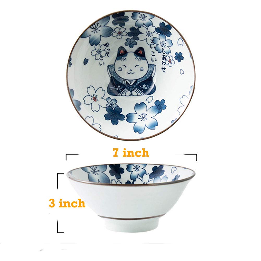 SCAU 7 Inch Cartoon Lucky Cat Ceramic Ramen Bowl Soup Salad Rice Porcelain cute Lucky Cat Cereal Bowl Japanese Style Set 2 gift blue Round shape (Cat-No2)