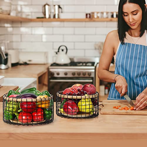 Bamboo Fruit Basket, 2 PCS Fruit Storage Basket Countertop for Kitchen, Counter Metal Wire Vegetable Produce Storage Baskets for Kitchen, Fruits Stand Holder Organizer for Bread Snack Veggies, Black