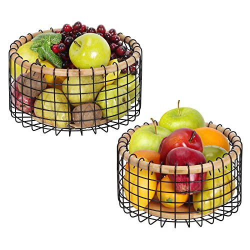 Bamboo Fruit Basket, 2 PCS Fruit Storage Basket Countertop for Kitchen, Counter Metal Wire Vegetable Produce Storage Baskets for Kitchen, Fruits Stand Holder Organizer for Bread Snack Veggies, Black